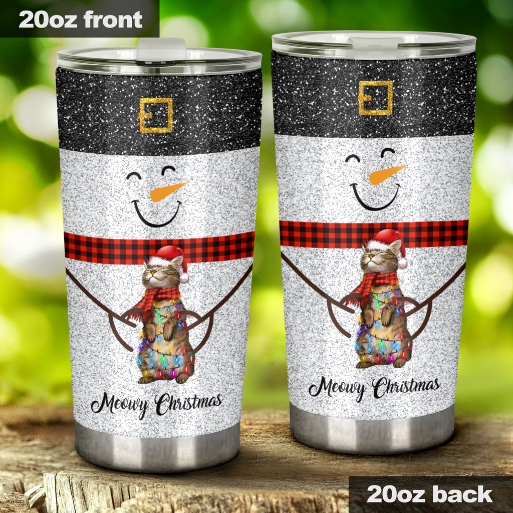 Meowy Christmas Faux Glitter Print Cat Tumbler 0622