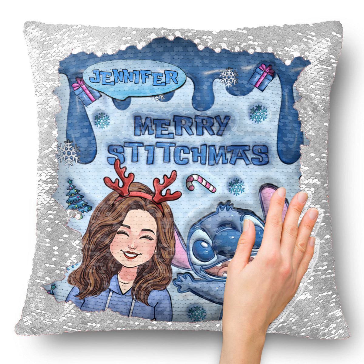 Merrry Christmas Ohana - Personalized Ohana Sequin Pillow Cover