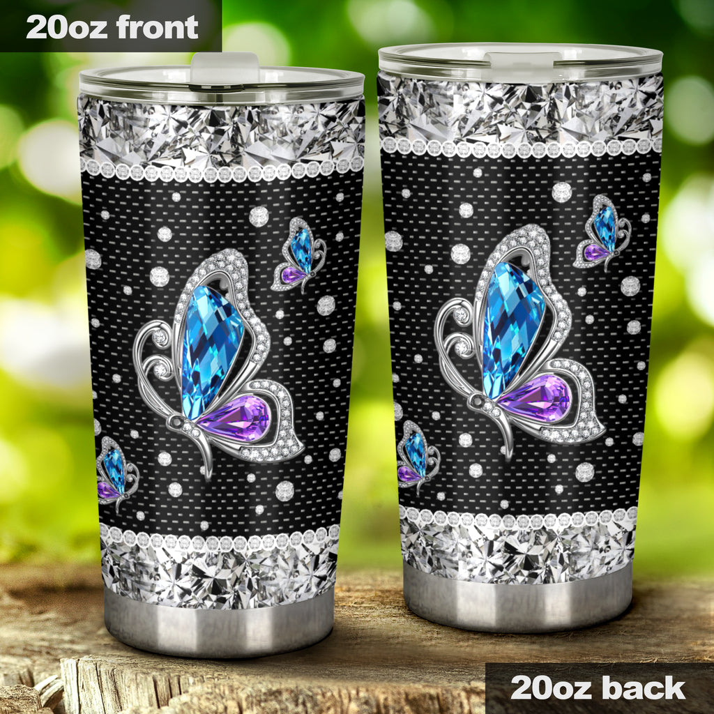 Butterflies Tumbler With Rhinestone Pattern Print 0622