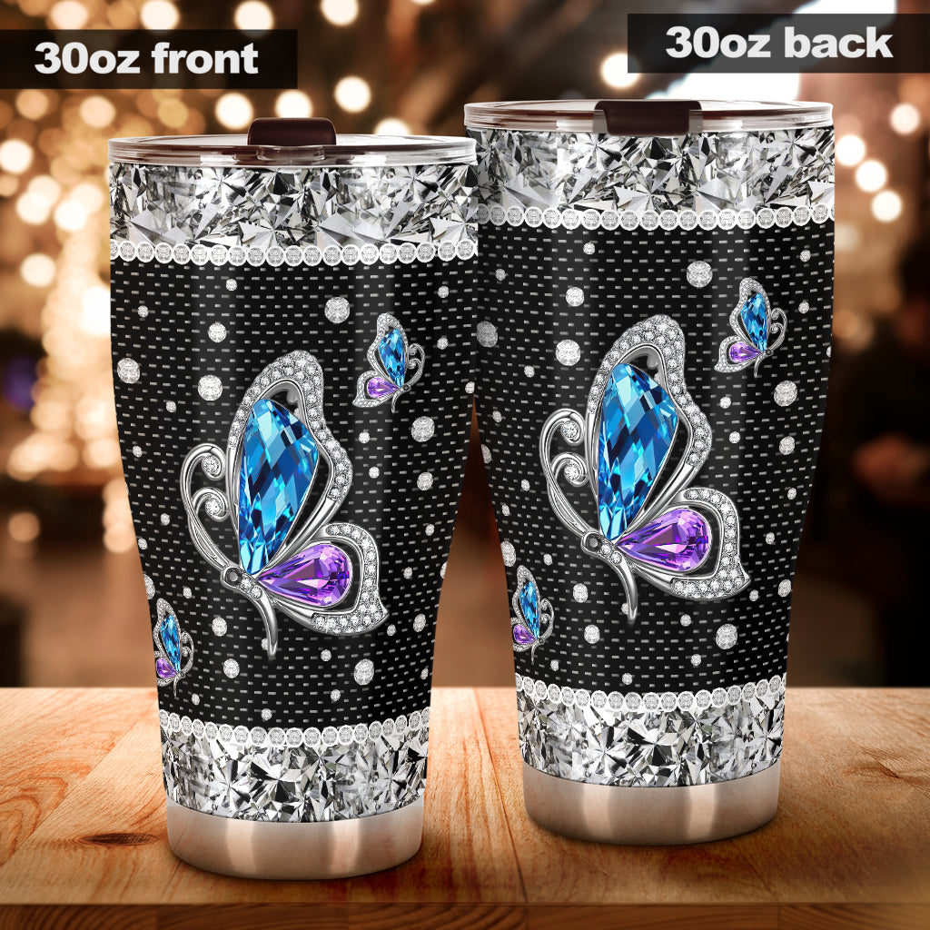 Butterflies Tumbler With Rhinestone Pattern Print 0622