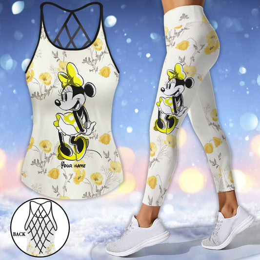 Yellow Floral - Personalized Mouse Cross Tank Top and Leggings