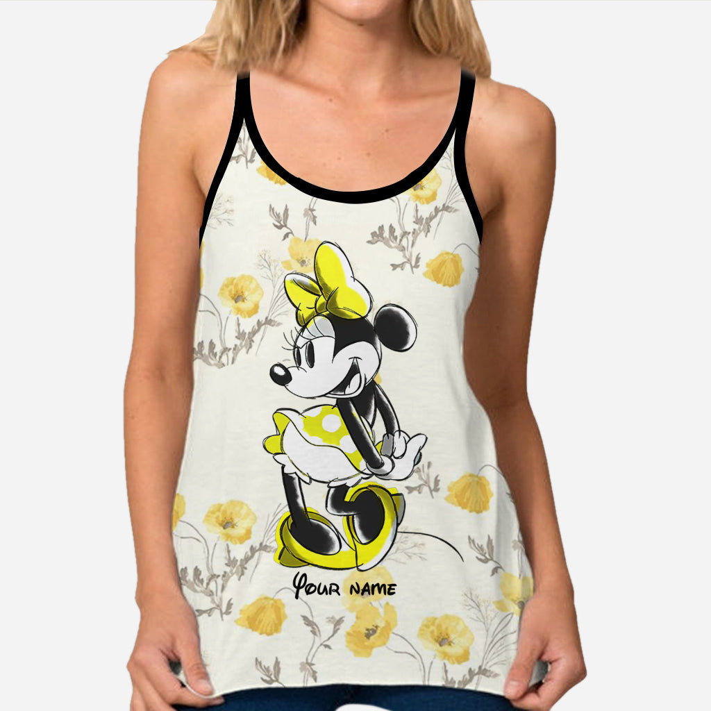 Yellow Floral - Personalized Mouse Cross Tank Top and Leggings