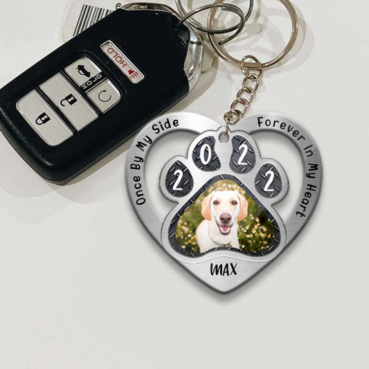 Once By My Side Forever In My Heart - Personalized Dog Keychain With Metal Pattern Print (Printed On Both Sides)