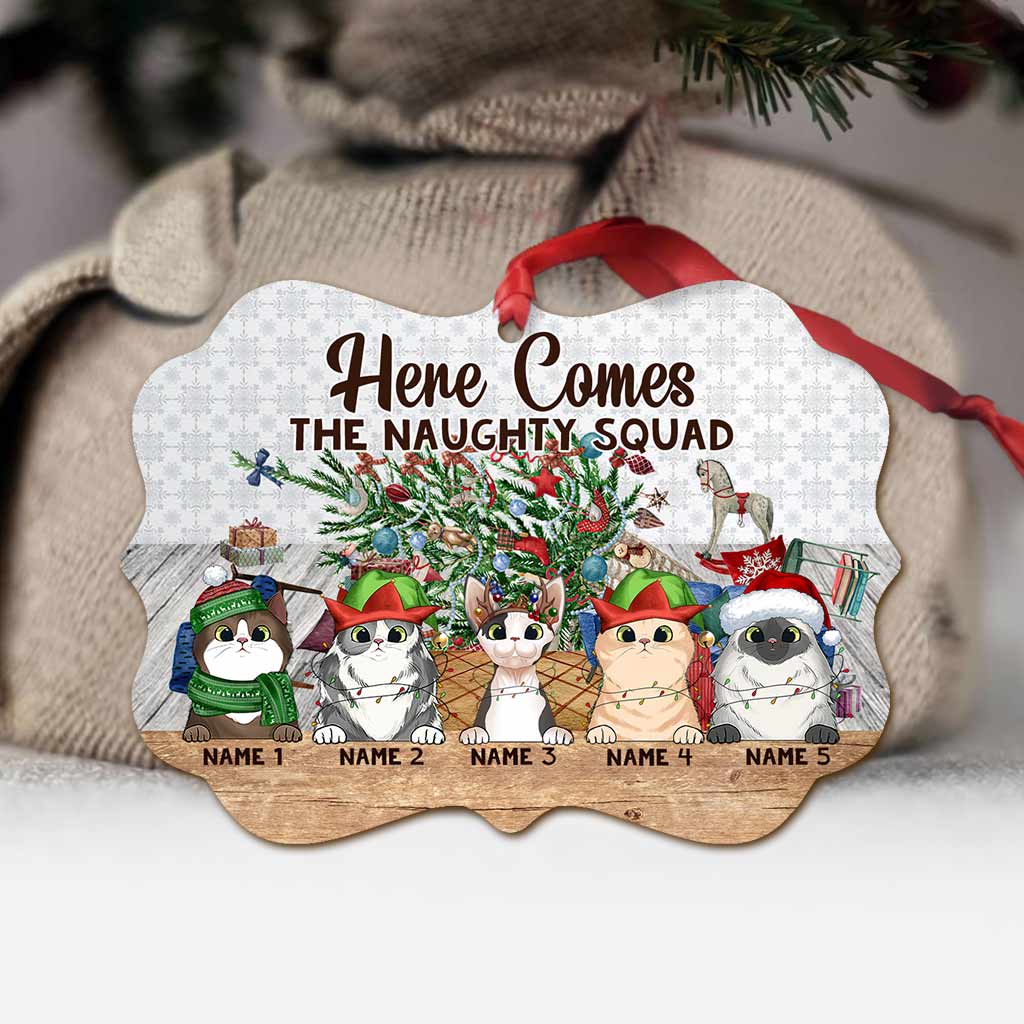 Here Comes The Naughty Squad - Personalized Christmas Cat Ornament (Printed On Both Sides)