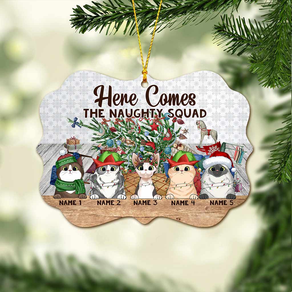 Here Comes The Naughty Squad - Personalized Christmas Cat Ornament (Printed On Both Sides)