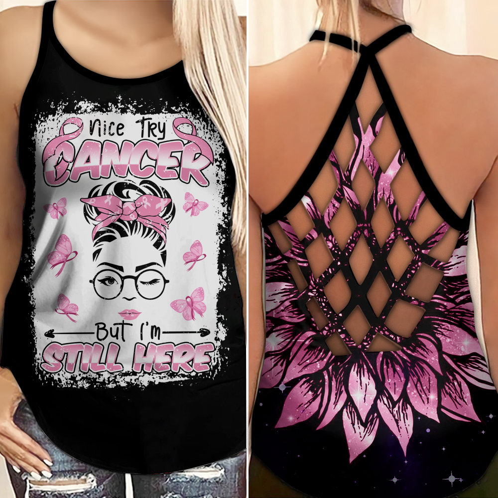Nice Try Cancer - Breast Cancer Awareness Cross Tank Top 0722