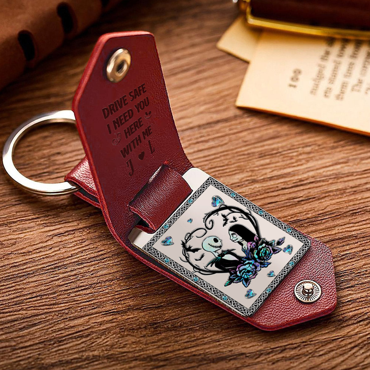Drive Safe I Need You Nightmare Couple - Personalized Nightmare Leather Photo Keychain