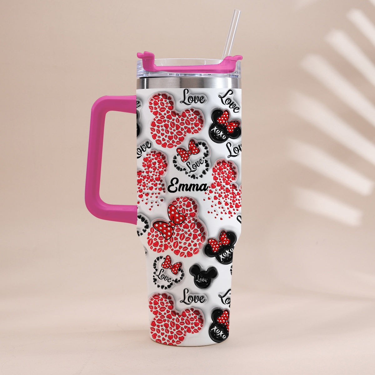 Mouse Ears Love Heart Inflated - Personalized Mouse Tumbler With Handle