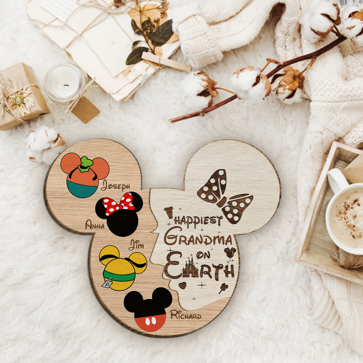 Happiest Grandma/ Nana/ Mom... On Earth - Personalized Mouse 2 Layered Wood Sign / Wood Plaque