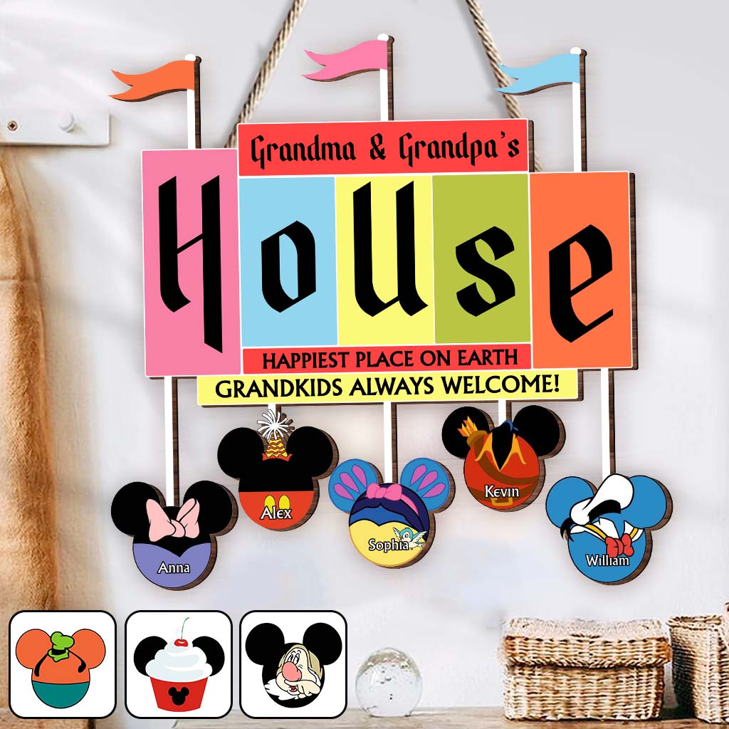 Happiest Place On Earth Grandkids Always Welcome - Personalized Mouse Custom Shaped Wood Sign
