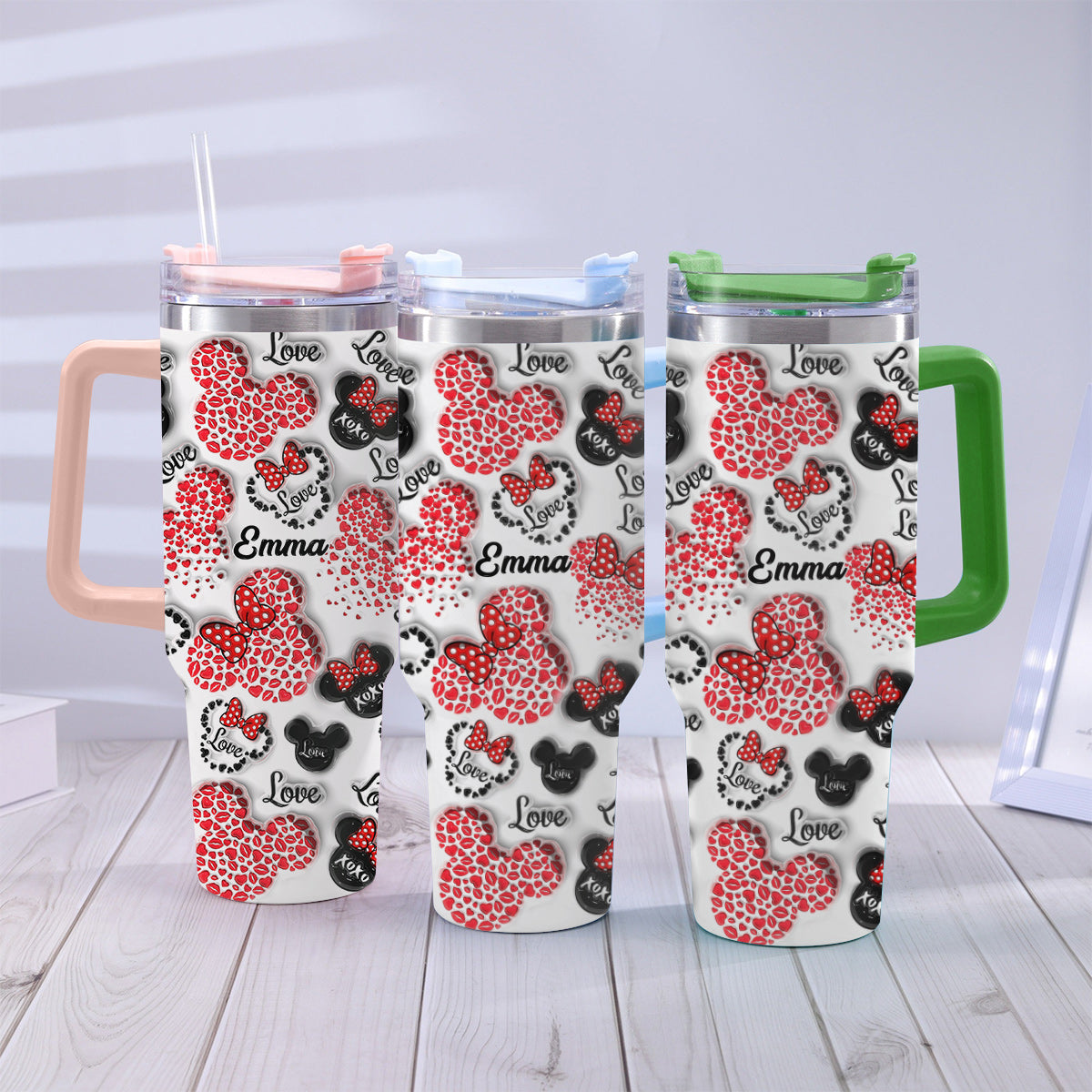 Mouse Ears Love Heart Inflated - Personalized Mouse Tumbler With Handle