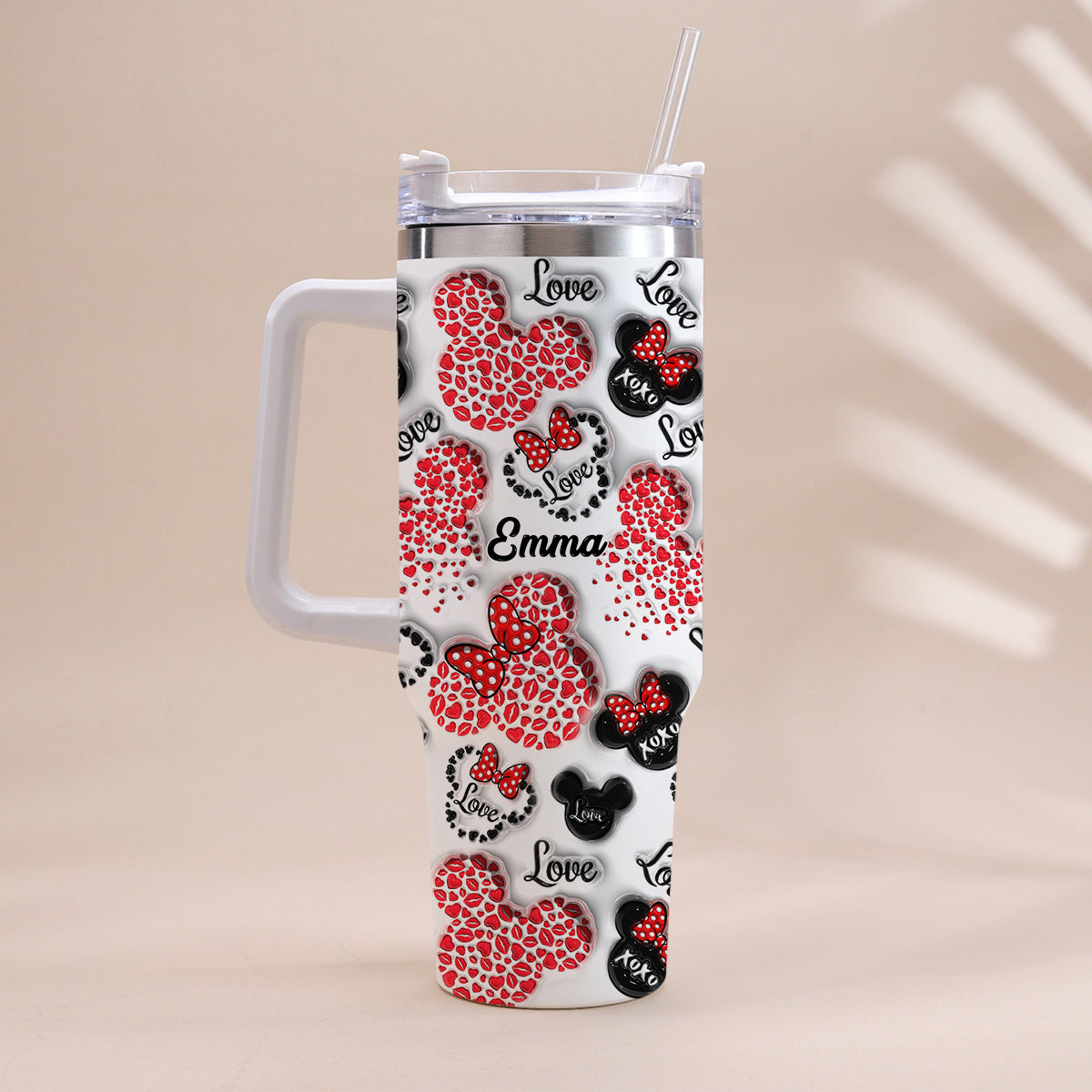 Mouse Ears Love Heart Inflated - Personalized Mouse Tumbler With Handle