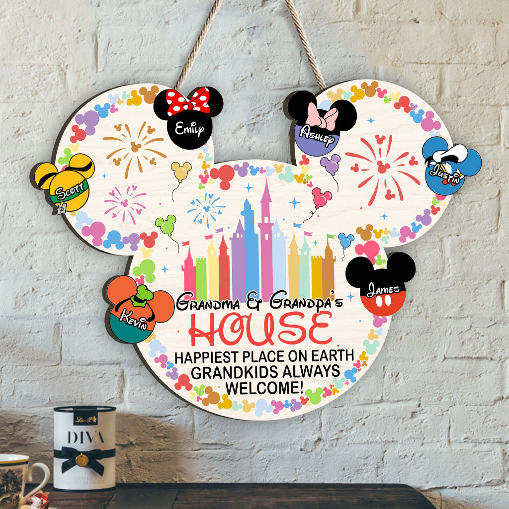 Happiest Place On Earth Grandkids Always Welcome - Personalized Mouse Custom Shaped Wood Sign