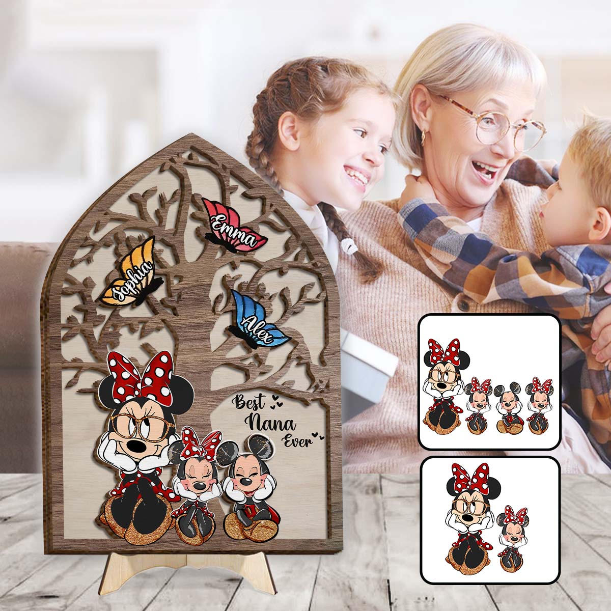 Best Nana Ever Butterflies Mouse Ears - Personalized Mouse 2 Layered Wood Sign / Wood Plaque