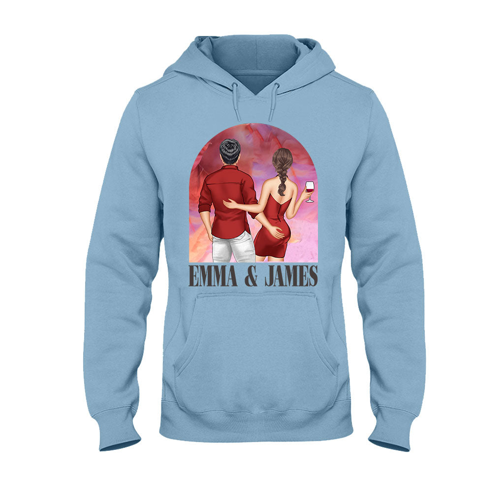 Pink Movie Background Couple - Personalized Couple T-shirt And Hoodie