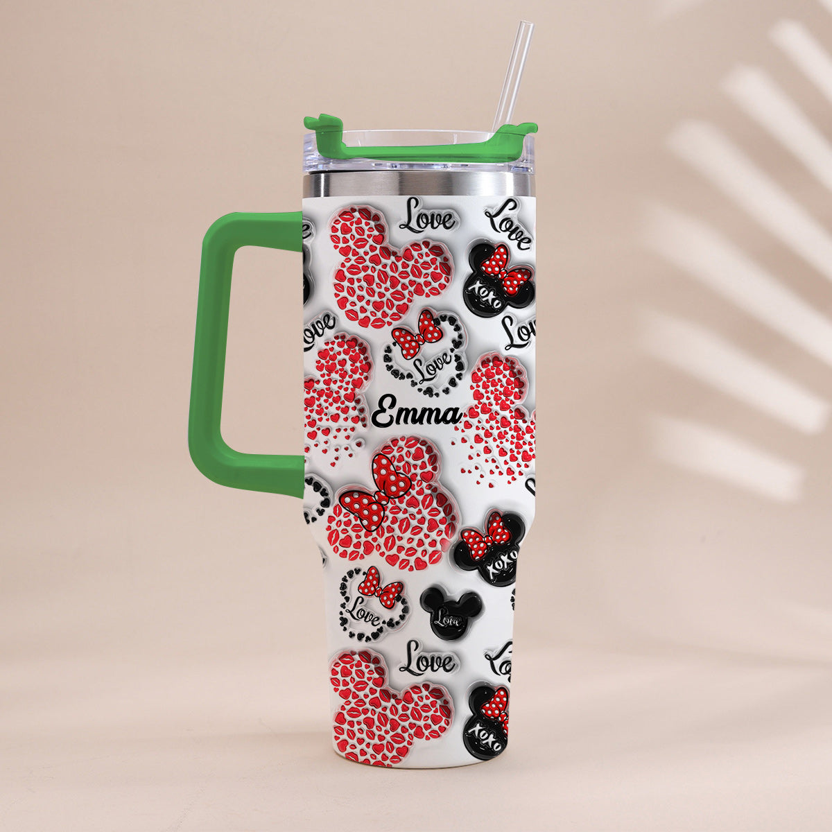 Mouse Ears Love Heart Inflated - Personalized Mouse Tumbler With Handle