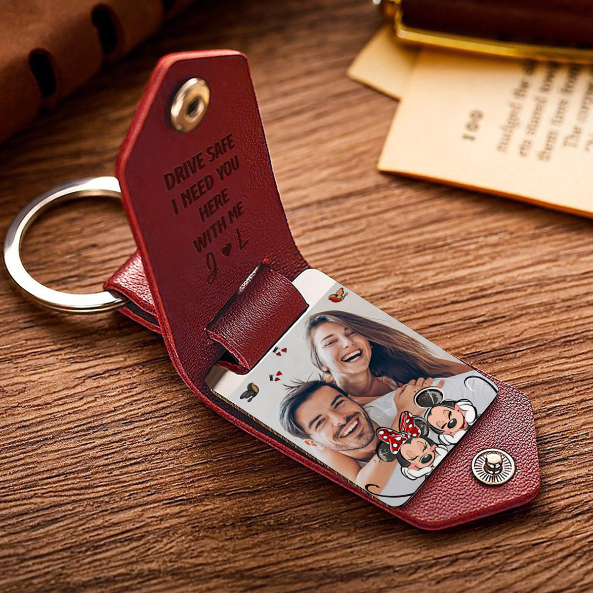 Drive Safe I Need You Mouse Ears Couple - Personalized Mouse Leather Photo Keychain