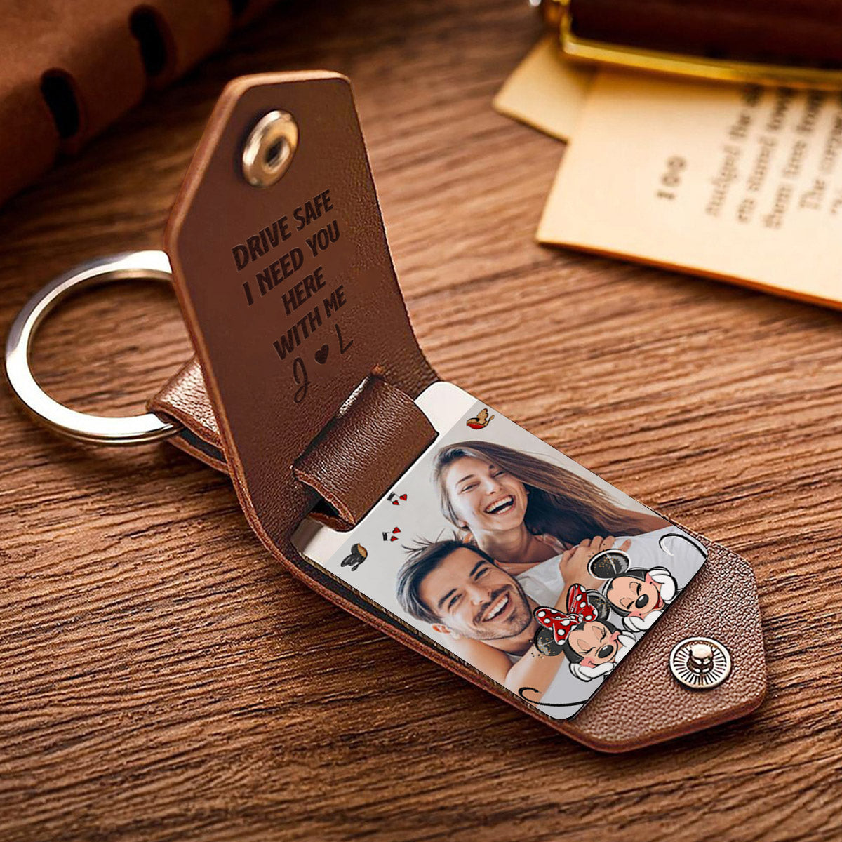 Drive Safe I Need You Mouse Ears Couple - Personalized Mouse Leather Photo Keychain