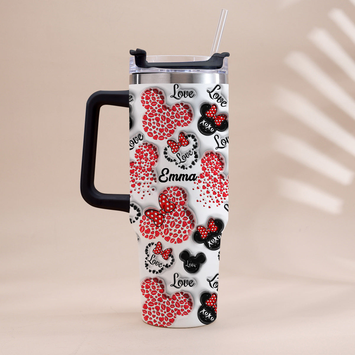 Mouse Ears Love Heart Inflated - Personalized Mouse Tumbler With Handle