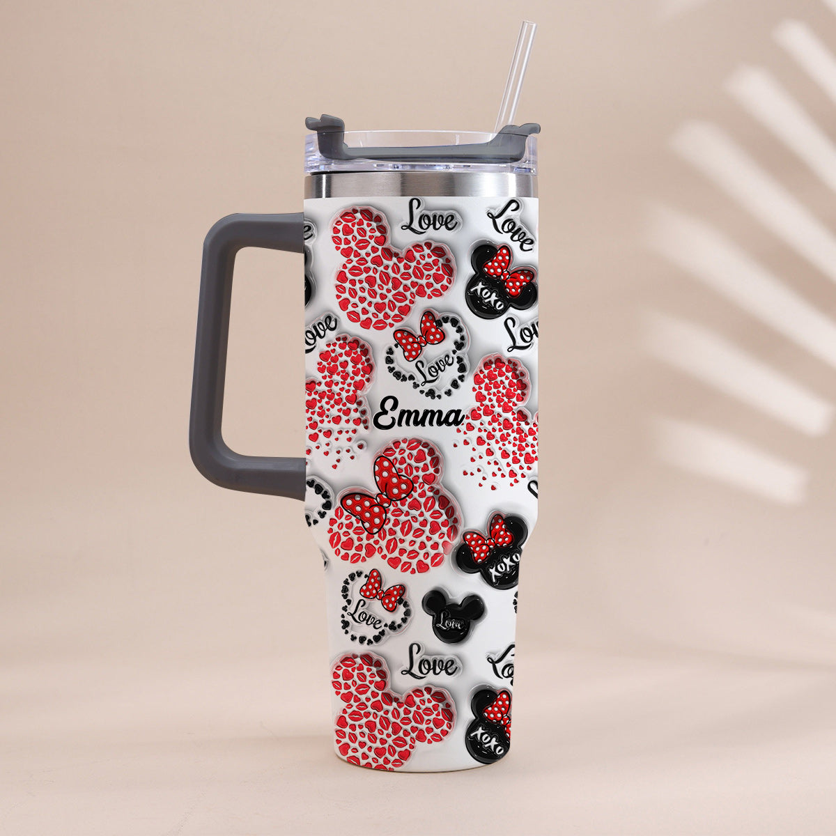 Mouse Ears Love Heart Inflated - Personalized Mouse Tumbler With Handle