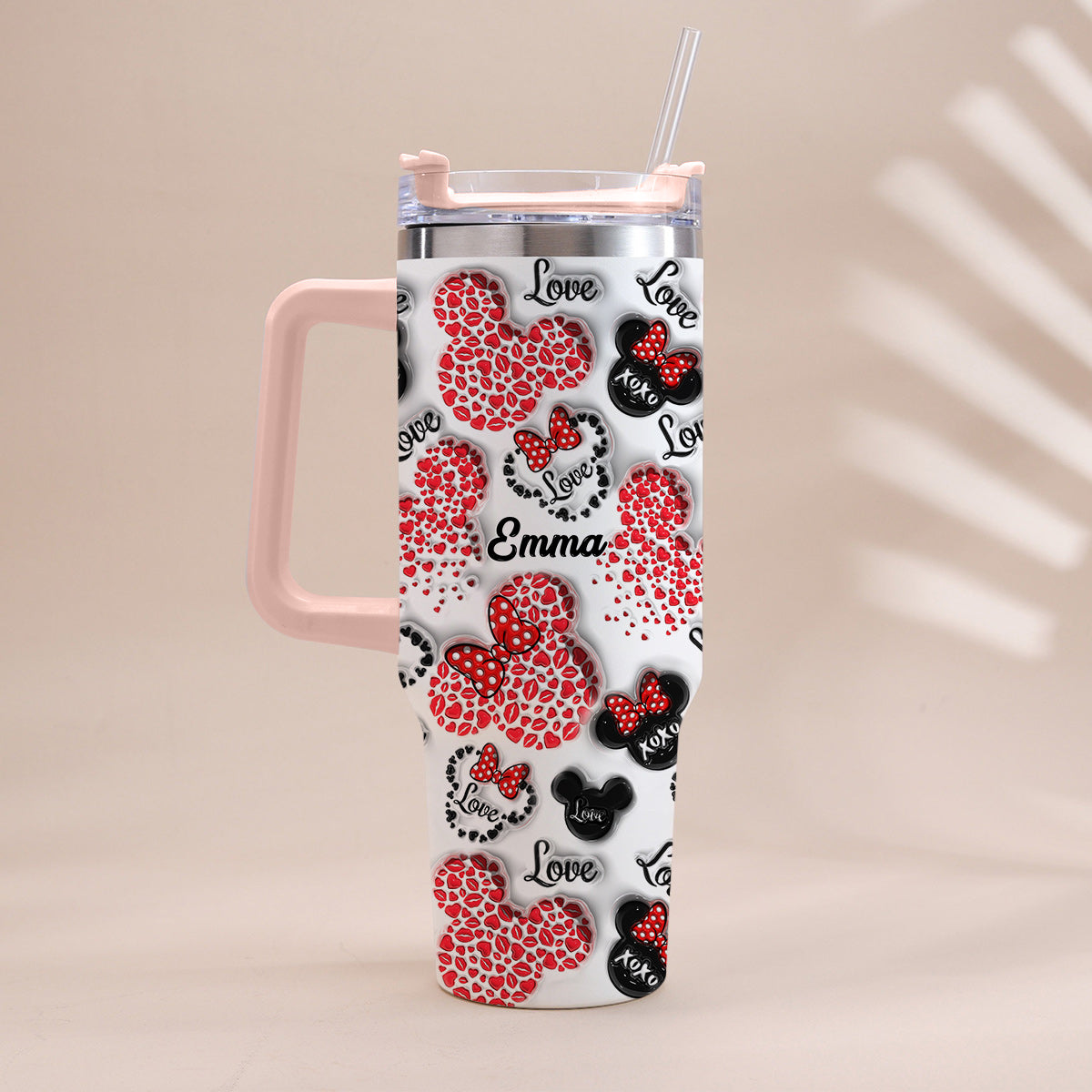 Mouse Ears Love Heart Inflated - Personalized Mouse Tumbler With Handle