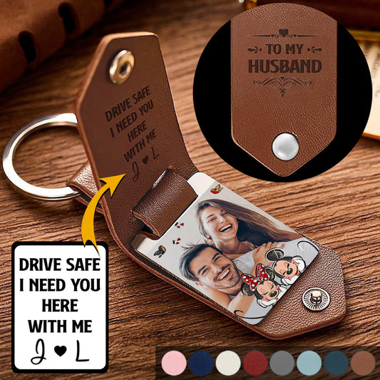 Drive Safe I Need You Mouse Ears Couple - Personalized Mouse Leather Photo Keychain
