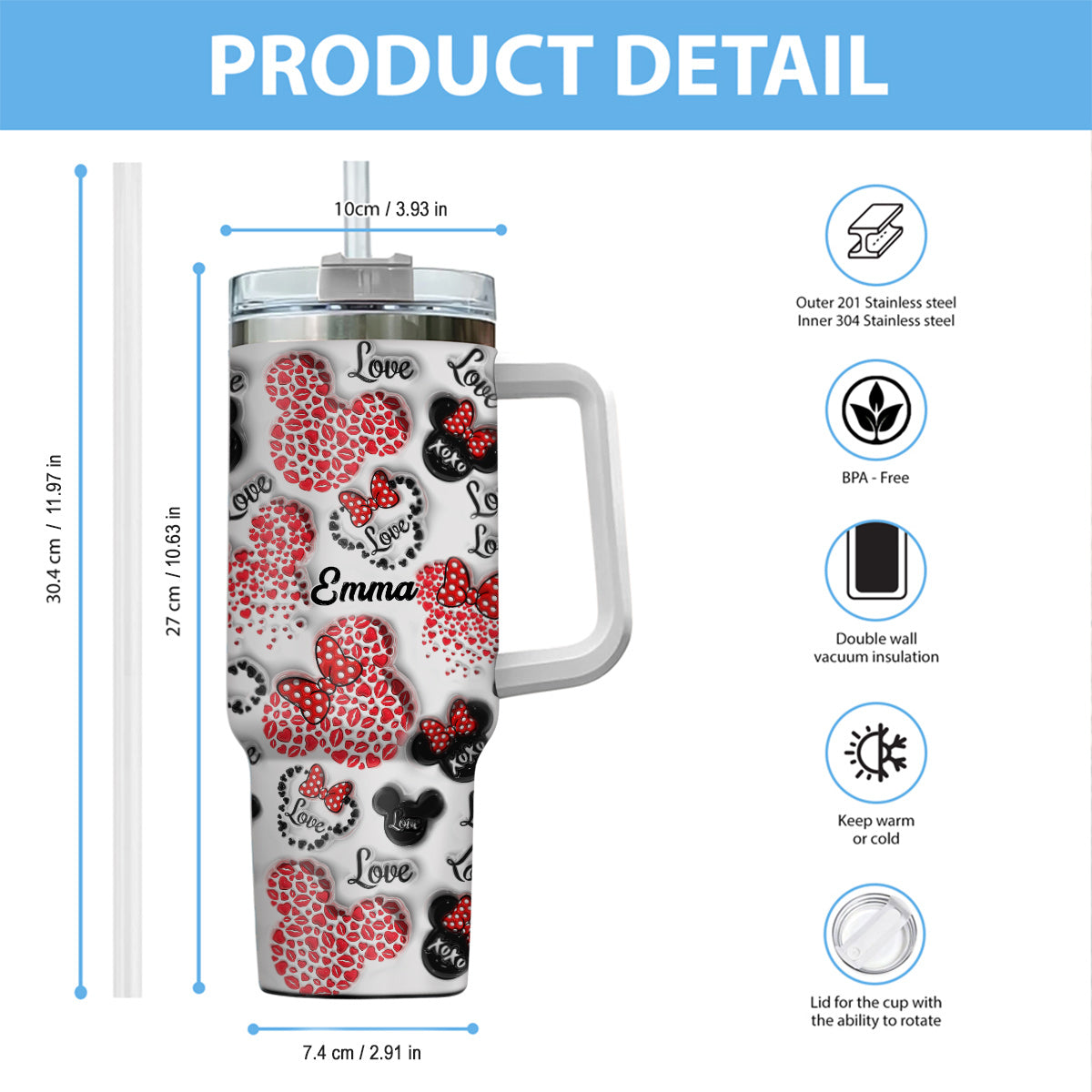 Mouse Ears Love Heart Inflated - Personalized Mouse Tumbler With Handle